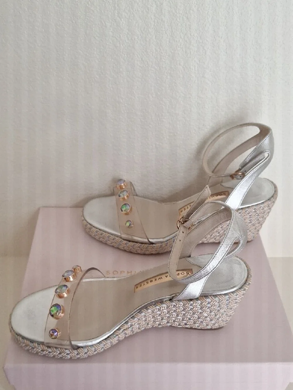 Sophia Webster Silver Wedge Sandals with Iridescent Gem Details